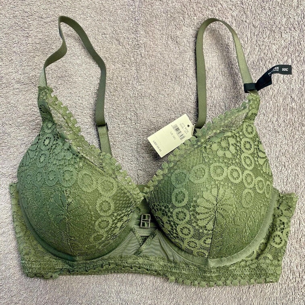 NWT Aerie Real Power Plunge Push Up Joy Lace Bra - Olive Fun - 32C